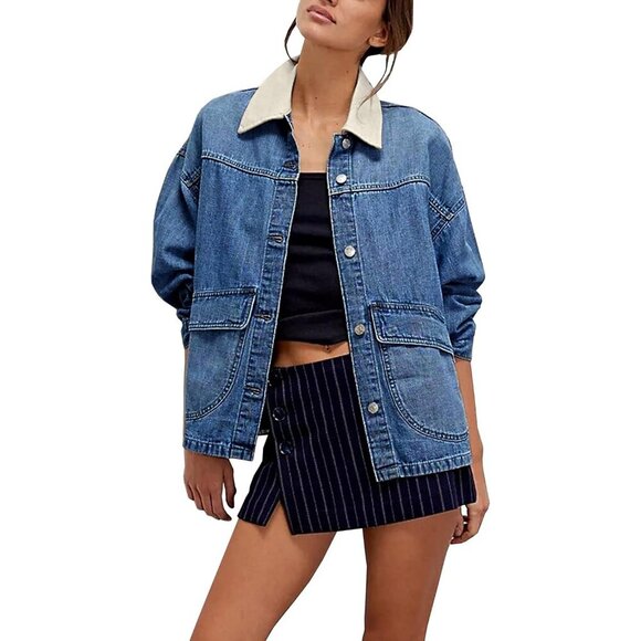 Women's Oversized Denim Jacket with Contrast Long Sleeve Button Down Dark Blue